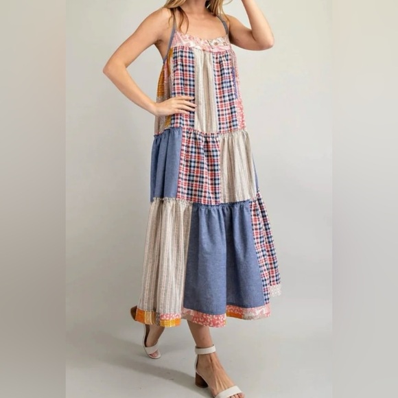 NWT Easel Boho Patchwork Maxi Dress Size M Linen Cotton Adjustable Festivals - Picture 2 of 15